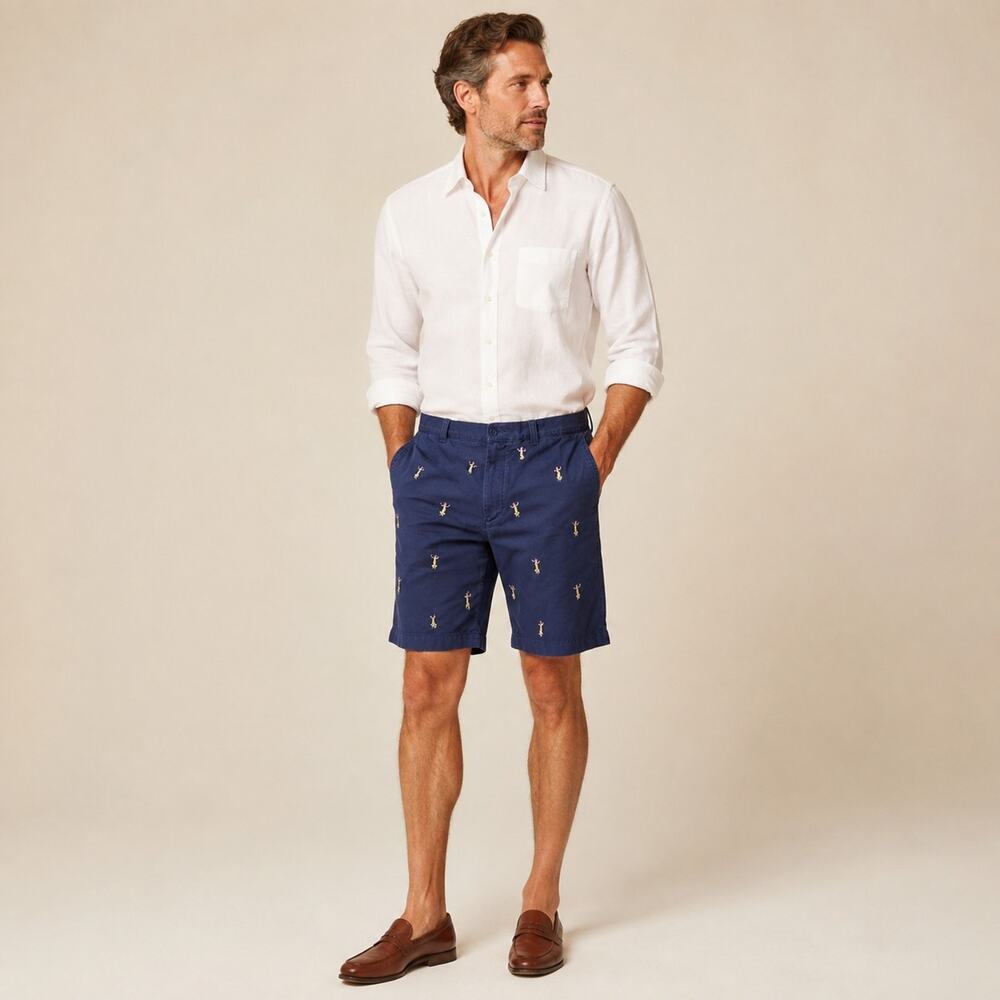 J.Crew Chino Shorts Mens 33 Navy Hula Girl Embroidered Hawaiian Resort Casual